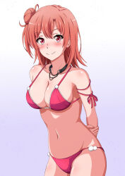 Rule 34 | 1girl, arms behind back, bikini, blush, breasts, cleavage, closed mouth, collarbone, commentary request, cowboy shot, hair bun, highres, konoyan, large breasts, looking at viewer, navel, red bikini, red eyes, red hair, short hair, single side bun, smile, solo, standing, swimsuit, yahari ore no seishun lovecome wa machigatteiru., yuigahama yui