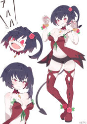 Rule 34 | 1girl, :t, absurdres, bike shorts, black shorts, blush stickers, breasts, chibi, claw pose, colored inner hair, crotch seam, demon tail, fang, fingernails, flower, grin, highres, inukaze yamu, laughing, looking at viewer, medium breasts, medium hair, micro shorts, multicolored hair, multiple views, nail polish, one side up, original, pout, red eyes, red flower, red nails, red rose, red thighhighs, rose, shorts, signature, simple background, smile, tail, thighhighs, translated, white background