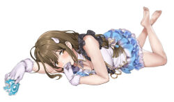 Rule 34 | 1girl, ahoge, bare legs, bare shoulders, barefoot, blue dress, blush, braid, braided ponytail, breasts, brown eyes, brown hair, cleavage, closed mouth, dress, feet up, frilled dress, frills, gloves, hair ornament, hairclip, hamedoragon, huge ahoge, idolmaster, idolmaster shiny colors, kuwayama chiyuki, long braid, long hair, looking at viewer, lying, medium breasts, on stomach, single braid, sleeveless, sleeveless dress, smile, soles, solo, toes, two-tone dress, white dress, white gloves