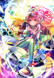 Rule 34 | 1girl, absurdres, ayamori mimi, breasts, brown eyes, brown hair, choker, collarbone, floating hair, flower, green eyes, hair flower, hair ornament, highres, holding, holding staff, long hair, looking at viewer, magic, original, red flower, small breasts, smile, solo, staff, thighhighs, very long hair, white flower