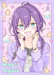 Rule 34 | 1boy, ahoge, androgynous, aqua eyes, ayase mayoi, black shirt, braid, crescent, cupcake, ensemble stars!, food, heart, highres, jacket, jewelry, long hair, long sleeves, looking at viewer, male focus, manamoko (fancy surprise!), mole, mole under mouth, multicolored shirt, necklace, open mouth, pink background, purple background, purple hair, purple jacket, sharp teeth, shirt, smile, solo, star (symbol), stuffed animal, stuffed toy, teddy bear, teeth, white shirt
