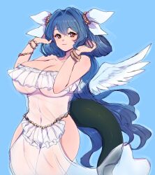 Rule 34 | 1girl, bare shoulders, blue background, blue hair, breasts, chemaru (a8l), cleavage, closed mouth, dizzy (guilty gear), dress, frilled dress, frills, gold bracelet, guilty gear, hair between eyes, hair ribbon, hair rings, highres, hip vent, large breasts, long hair, looking at viewer, mature female, monster girl, navel, red eyes, ribbon, see-through, see-through cleavage, see-through dress, solo, tail, twintails, underboob, white ribbon, wings