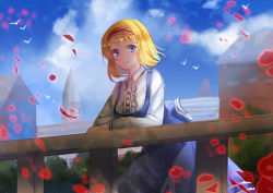 Rule 34 | 1girl, absurdres, alice margatroid, back bow, bird, blonde hair, blue bow, blue dress, blue eyes, blue sky, blush, bow, cloud, day, dress, dress shirt, floating hair, hairband, highres, leaning forward, long dress, looking at viewer, outdoors, petals, pinafore dress, red hairband, shirt, short hair, sky, sleeveless dress, smile, solo, touhou, vetina, white shirt
