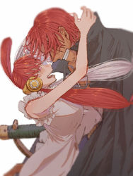 Rule 34 | 1boy, 1girl, age difference, artist request, breasts, facial hair, father and daughter, happy, headphones, hug, incoming hug, long hair, looking at another, manly, multicolored hair, one piece, one piece film: red, pectorals, red hair, shanks (one piece), smile, two-tone hair, uta (one piece), very long hair