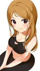 Rule 34 | 1girl, bare arms, bare shoulders, between legs, black pants, blush, breasts, brown hair, cleavage, closed mouth, collarbone, hand between legs, highres, idolmaster, idolmaster million live!, inuyama nanami, large breasts, long hair, looking at viewer, momose rio, navel, pants, parted bangs, red eyes, simple background, sitting, smile, solo, sports bra, sweat, white background, yoga pants