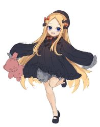 Rule 34 | 1girl, :d, abigail williams (fate), black bow, black dress, black footwear, black hat, blonde hair, bloomers, blue eyes, bow, dress, fate/grand order, fate (series), forehead, full body, grey bloomers, hair bow, hat, holding, holding stuffed toy, long hair, long sleeves, looking at viewer, miya (miyaruta), multiple hair bows, open mouth, orange bow, shoes, simple background, sketch, sleeves past fingers, sleeves past wrists, smile, solo, standing, standing on one leg, stuffed animal, stuffed toy, teddy bear, teeth, underwear, upper teeth only, very long hair, white background