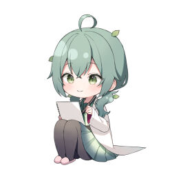 Rule 34 | 1girl, ahoge, black pantyhose, blush, chibi, closed mouth, commentary request, full body, green eyes, green hair, green sailor collar, green shirt, green skirt, hair between eyes, hair over shoulder, holding, holding stylus, knees up, leaf, leaf on head, long hair, long sleeves, low twintails, midorikawa you, notebook, open clothes, original, pantyhose, pleated skirt, sailor collar, shirt, simple background, sitting, skirt, sleeves past wrists, slippers, smile, solo, stylus, twintails, white background, white footwear, wide sleeves