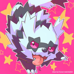 Rule 34 | artist name, claws, commentary request, creatures (company), galarian form, galarian zigzagoon, game freak, gen 8 pokemon, nintendo, no humans, open mouth, outline, peron (niki2ki884), pink background, pokemon, pokemon (creature), purple eyes, sideways glance, solo, star (symbol), tongue, tongue out, watermark