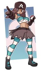 Rule 34 | 1girl, :o, black footwear, boots, border, breasts, brown bandana, brown eyes, brown hair, commentary, creatures (company), cropped shirt, full body, game freak, gloves, highres, holding, holding poke ball, kurt robinson, large breasts, logo, long hair, midriff, navel, nintendo, open mouth, outline, pantyhose, pointing, poke ball, poke ball (basic), pokemon, pokemon oras, shirt, shorts, solo, standing, striped clothes, striped pantyhose, team aqua, team aqua grunt, team aqua uniform, torn clothes, torn shorts, white border