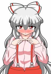 Rule 34 | 1girl, blush, bow, dress shirt, fingers together, frown, fujiwara no mokou, full-face blush, hair bow, index fingers together, long hair, long sleeves, looking at viewer, makko, red eyes, shirt, silver hair, simple background, solo, suspenders, touhou, very long hair, white background