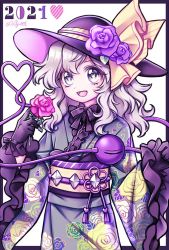 Rule 34 | 1girl, 2021, :d, alternate costume, black bow, black bowtie, black gloves, black hat, bow, bowtie, commentary, cowboy shot, eyebrows hidden by hair, floral print, flower, frilled sleeves, frills, gloves, green eyes, green kimono, hat, hat flower, hat ribbon, heart, heart-shaped pupils, heart of string, holding, holding flower, japanese clothes, kimono, komeiji koishi, long hair, long sleeves, looking at viewer, miy 001, obi, open mouth, purple flower, purple rose, red flower, red rose, ribbon, rose, rose print, sash, smile, solo, symbol-shaped pupils, third eye, tongue, touhou, twitter username, wavy hair, white hair, wide sleeves, yellow ribbon
