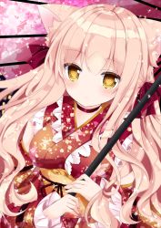 Rule 34 | 1girl, animal ear fluff, animal ears, blush, breasts, cat ears, choker, closed mouth, commentary request, fingernails, floral print, frilled sleeves, frills, hair between eyes, holding, holding umbrella, japanese clothes, kimono, light brown hair, long hair, long sleeves, looking at viewer, medium breasts, nanase kureha, nanase nao, obi, oil-paper umbrella, original, print kimono, print umbrella, red choker, red kimono, red umbrella, sash, smile, solo, umbrella, very long hair, yellow eyes