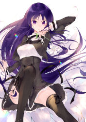 Rule 34 | 1girl, absurdres, assault lily, black ribbon, black skirt, black thighhighs, breasts, buttons, closed mouth, commentary request, cropped jacket, feet out of frame, floating hair, floral background, flower, frilled skirt, frills, hand to own mouth, hand up, high-waist skirt, highres, holding, holding flower, juliet sleeves, knee up, leg ribbon, lens flare, light particles, lily (flower), long hair, long sleeves, looking at viewer, medium breasts, meen (ouaughikepdvrsf), miniskirt, neck ribbon, puffy sleeves, purple eyes, purple hair, ribbon, school uniform, shirai yuyu, shirt, sidelocks, sitting, skirt, solo, thigh ribbon, thighhighs, upskirt, very long hair, white background, white flower, white shirt, yurigaoka girls academy school uniform