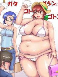 Rule 34 | 1boy, 2girls, bag, belly, bikini, blue eyes, blue hair, blush, breasts, brown eyes, brown hair, cleavage, covered erect nipples, fat, glasses, handbag, huge breasts, inamori futayo, large breasts, multiple girls, obese, open mouth, original, orizen, short hair, size difference, smile, standing, swimsuit, thick thighs, thighs, train