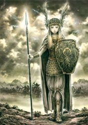 Rule 34 | armor, battle, bird, blonde hair, cloud, green eyes, helmet, original, polearm, shield, shirakaba toshiharu, sky, solo, spear, usakichi, valkyrie, weapon