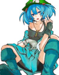 Rule 34 | 1girl, asymmetrical gloves, bad anatomy, bad id, bad pixiv id, bare shoulders, bike shorts, black gloves, blue eyes, blue hair, boots, fingerless gloves, gloves, hair bobbles, hair ornament, hat, highres, itoshiki eru, kawashiro nitori, key, matching hair/eyes, mismatched gloves, off shoulder, open mouth, short hair, simple background, solo, sweatdrop, tank top, touhou, twintails, two side up, white background, white gloves