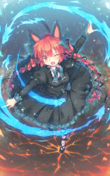 Rule 34 | 1girl, :d, animal ears, blush, bow, braid, cat ears, cat girl, cat tail, dress, fang, female focus, hair bow, kaenbyou rin, long hair, looking at viewer, multiple tails, north abyssor, one eye closed, open mouth, outstretched arms, red eyes, red hair, smile, solo, tail, touhou, twin braids, twintails, white legwear, wink