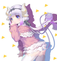 Rule 34 | 10s, 1girl, ass, balusah, beads, black bow, black hairband, blue eyes, blunt bangs, bow, capelet, dragon girl, dragon horns, dragon tail, dress, hair beads, hair bow, hair ornament, hairband, horns, kanna kamui, kobayashi-san chi no maidragon, long hair, long sleeves, looking at viewer, monster girl, shiny skin, short dress, silver hair, solo, standing, tail, thighhighs, twintails, white thighhighs