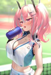 Rule 34 | 1girl, azur lane, bad id, bad pixiv id, bare shoulders, blush, bottle, breasts, bremerton (azur lane), bremerton (scorching-hot training) (azur lane), cleavage, collarbone, cowboy shot, crop top, hair ornament, hairclip, heart, heart necklace, holding, holding bottle, jewelry, large breasts, long hair, midriff, multicolored hair, navel, necklace, official alternate costume, open mouth, outdoors, pink hair, purple eyes, sidelocks, silver hair, skirt, sleeveless, solo, stomach, streaked hair, suyamori, sweat, tennis court, tennis net, tongue, tongue out, twintails, two-tone hair, white skirt, x hair ornament