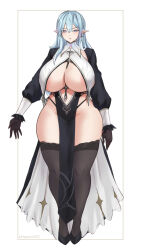 Rule 34 | 1girl, adapted costume, between breasts, black dress, black gloves, black thighhighs, blue eyes, blue hair, breast curtains, breasts, curvy, dress, elf, expressionless, female focus, full body, gloves, half-closed eyes, highres, huge breasts, legs, light blue hair, loincloth, looking at viewer, mole, mole on breast, mole on thigh, nastart, no bra, nun, original, pointy ears, puffy sleeves, purple eyes, skindentation, solo, standing, thick thighs, thighhighs, thighs, underboob, white background, wide hips