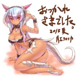 Rule 34 | 10s, 1girl, animal ears, ass, au ra, bare legs, blue hair, breasts, cat ears, cleavage, dark-skinned female, dark skin, dragon girl, dragon horns, fake animal ears, female focus, final fantasy, final fantasy xiv, gradient background, horns, large breasts, long hair, orange eyes, scales, shiny skin, simple background, solo, tsukigami chronica, warrior of light (ff14)