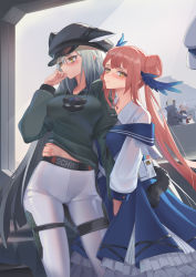 Rule 34 | 3girls, animal ears, arknights, arm around waist, black headwear, black shirt, blue dress, blue feathers, blush, breasts, cat ears, cat girl, cat tail, ceylon (arknights), character name, chinese commentary, closed mouth, clothes writing, commentary request, covering own mouth, day, doctor (arknights), double bun, dress, ears down, embarrassed, feather hair, feather hair ornament, feathers, frilled dress, frills, gluteal fold, hair bun, hair ornament, hat, highres, long hair, long sleeves, looking at viewer, looking away, looking to the side, medium breasts, multiple girls, official alternate costume, outdoors, pants, pink hair, schwarz (arknights), schwarz (skyline) (arknights), shirt, silver hair, sima naoteng, skindentation, tail, thigh strap, tight clothes, tight pants, twintails, unworn hat, unworn headwear, very long hair, w (arknights), white pants, yellow eyes, yuri
