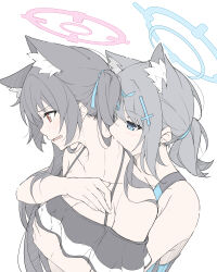 Rule 34 | 2girls, absurdres, animal ear fluff, animal ears, bikini, biting, black bikini, black hair, blue archive, blush, cat ears, cross hair ornament, extra ears, grey hair, hair ornament, hair ribbon, halo, halterneck, highres, hug, hug from behind, long hair, looking at another, masabodo, multiple girls, neck biting, off-shoulder bikini, off shoulder, official alternate costume, one-piece swimsuit, open mouth, ponytail, ribbon, serika (blue archive), serika (swimsuit) (blue archive), shiroko (blue archive), shiroko (swimsuit) (blue archive), simple background, swimsuit, upper body, white background, wolf ears, yuri