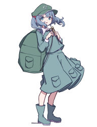 Rule 34 | 1girl, backpack, bag, blue eyes, blue footwear, blue hair, blue shirt, blue skirt, boots, collared shirt, cucumber, flat cap, frilled shirt collar, frills, green hat, hair bobbles, hair ornament, hat, highres, kame (kamepan44231), kawashiro nitori, key, long sleeves, medium hair, pocket, puffy sleeves, rubber boots, shirt, short sleeves, short twintails, sidelocks, simple background, skirt, skirt set, solo, touhou, twintails, two side up, white background