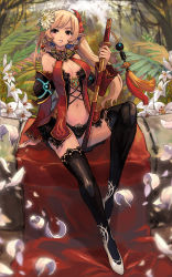 Rule 34 | 1girl, arm support, black panties, black thighhighs, blonde hair, breasts, brown eyes, character request, cross-laced clothes, earrings, elf, female focus, flower, forest, hair flower, hair ornament, high heels, highres, holding, jewelry, leaf, lips, long hair, nature, original, panties, parted lips, petals, pointy ears, qbspdl, sitting, smile, solo, sword, thighhighs, underwear, weapon