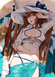 Rule 34 | 1girl, arm up, bare legs, beach mat, beach umbrella, bikini, blue ribbon, blush, bolt action, breasts, brown hair, cleavage, collarbone, day, flower, girls&#039; frontline, green eyes, groin, gun, hair between eyes, hair ribbon, hair rings, hand on headwear, hat, hat flower, hat ribbon, highres, kare huang, knees up, large breasts, long hair, looking at viewer, lying, m1903 springfield, navel, o-ring, o-ring top, ocean, official alternate costume, on back, one eye closed, open clothes, open mouth, outdoors, ribbon, rifle, sarong, see-through, shade, shiny skin, shirt, sidelocks, skindentation, smile, solo, springfield (girls&#039; frontline), springfield (stirring mermaid) (girls&#039; frontline), stomach, sun hat, swimsuit, thighs, tied shirt, umbrella, weapon, white bikini, white shirt