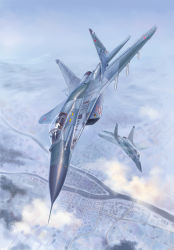 Rule 34 | 2boys, above clouds, aircraft, airplane, cloud, cockpit, cyrillic, fighter jet, flying, highres, jet, mig-29, military, military vehicle, missile, multiple boys, original, pilot helmet, pilot suit, piloting, realistic, russia, vehicle focus, zuotian de yu