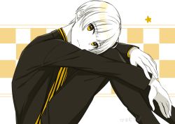 Rule 34 | 1boy, black jacket, black pants, brown eyes, checkered background, closed mouth, feet out of frame, from argonavis, jacket, knees up, leaning forward, long sleeves, looking at viewer, looking to the side, male focus, monochrome, mugi (iccomae), pants, shiroishi banri, sitting, solo, star (symbol), striped