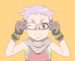 Rule 34 | 1girl, bare shoulders, brown eyes, cape, flat chest, glasses, gloves, hermana larmo, one eye closed, open mouth, orange background, purple hair, short hair, tales of (series), tales of innocence, wink