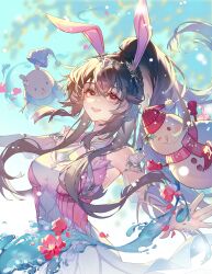 Rule 34 | 1girl, absurdres, animal ears, artist request, bare shoulders, brown hair, douluo dalu, dress, flower, hair ornament, highres, long hair, open mouth, outstretched arms, pink dress, pink eyes, ponytail, rabbit ears, red flower, second-party source, sidelocks, snowflakes, snowman, solo, spread arms, teeth, upper body, upper teeth only, water, xiao wu (douluo dalu)