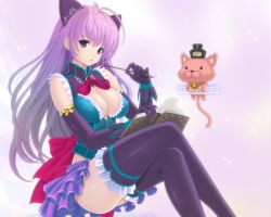 Rule 34 | 1girl, animal, animal ears, bell, book, bow, breasts, cat, cleavage, elbow gloves, female focus, gloves, grey eyes, kanzeon, long hair, original, purple hair, skirt, solo, star (symbol), stuffed animal, stuffed toy, tail, teddy bear, thighhighs