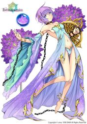 Rule 34 | 1girl, alium (flower knight girl), anklet, arched back, barefoot, blue eyes, blue panties, breasts, chain, city forest online, copyright name, detached sleeves, expressionless, flower, flower knight girl, full body, jewelry, leaning back, name connection, navel, object namesake, official art, orb, panties, purple hair, revealing clothes, shield, short hair, sideboob, solo, underwear, white background