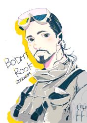 Rule 34 | 1boy, absurdres, animification, beard, black eyes, black hair, bodhi rook, character name, copyright name, facial hair, goggles, goggles on head, highres, ieesnth, long hair, male focus, mustache, portrait, rogue one: a star wars story, simple background, solo, star wars, white background