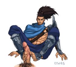 Rule 34 | 2boys, bara, barefoot, brown hair, feet, footjob, league of legends, looking at viewer, male focus, multiple boys, penis, ponytail, pov, scar, source request, testicles, toes, yaoi, yasuo (league of legends)