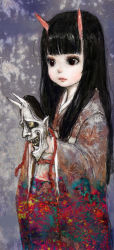Rule 34 | 1girl, black hair, child, hannya, hinomoto oniko, horns, japanese clothes, kimono, mask, oni, original, ponsuke (pon00000), solo