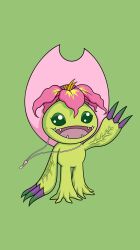 Rule 34 | arm up, claws, digimon, digimon (creature), flower, full body, green background, green eyes, hat, highres, palmon, petals, pink headwear, plant, reptile, sharp teeth, simple background, smile, standing, sun hat, tachikawa mimi, teeth, waving