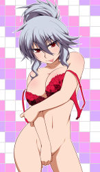 Rule 34 | 1girl, :p, alternate hairstyle, bad id, bad pixiv id, bottomless, bra, breasts, cleavage, covering privates, covering crotch, embodiment of scarlet devil, female focus, grey hair, hair up, hayashi custom, izayoi sakuya, large breasts, lingerie, naughty face, navel, no panties, off shoulder, ponytail, red bra, red eyes, smile, solo, strap slip, tongue, tongue out, touhou, underwear, unfastened
