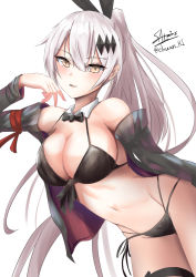 Rule 34 | 1girl, absurdres, armband, bare shoulders, bikini, bikini tug, black bikini, black ribbon, blush, bow, breasts, brown eyes, cameltoe, cleavage, cowboy shot, detached collar, five-seven (cruise queen) (girls&#039; frontline), five-seven (girls&#039; frontline), girls&#039; frontline, groin, hair between eyes, hair ornament, hair ribbon, hand up, heart, highres, jacket, jewelry, large breasts, leaning forward, leg ribbon, long hair, looking at viewer, navel, off shoulder, official alternate costume, open clothes, open jacket, open mouth, ponytail, ribbon, sato art, side-tie bikini bottom, sidelocks, signature, silver hair, simple background, skindentation, smile, solo, stomach, swimsuit, thigh ribbon, twitter username, very long hair, white background