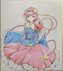Rule 34 | 1girl, blouse, blue shirt, blush, buttons, closed mouth, collarbone, commentary request, hair ornament, headband, heart, heart button, heart hair ornament, highres, komeiji satori, long sleeves, noose, pink eyes, pink hair, pink skirt, shirt, short hair, skirt, smile, solo, third eye, touhou, traditional media, white background, ystrann