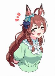 Rule 34 | 1girl, ahoge, animal ears, appleq, blush, braid, breasts, brown hair, cropped torso, frilled shirt collar, frills, green shirt, grey background, highres, horse ears, long hair, looking at viewer, mejiro bright (umamusume), notice lines, open mouth, shirt, short sleeves, simple background, small breasts, smile, solo, teeth, tongue, twin braids, umamusume, upper body, yellow eyes