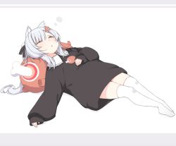 Rule 34 | animal ear fluff, animal ears, blush, boned meat, brown sweater, cat ears, closed eyes, food, full body, grey hair, hair ornament, hairclip, long sleeves, lying, meat, nekoume, on back, original, oversized clothes, parted lips, pillow, sleeping, sleeves past wrists, stuffed toy, sweater, thighhighs, twintails, white legwear
