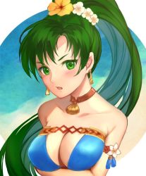 Rule 34 | 1girl, bikini, blue bikini, blush, breasts, cleavage, cleavage cutout, clothing cutout, fire emblem, fire emblem: the blazing blade, fire emblem heroes, flower, green eyes, green hair, jurge, long hair, looking at viewer, lyn (fire emblem), lyn (summer) (fire emblem), nintendo, official alternate costume, outside border, ponytail, simple background, smile, solo, strapless, strapless bikini, swimsuit, v-shaped eyebrows
