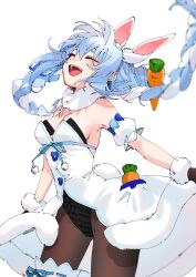 Rule 34 | 1girl, animal ears, arched back, black leotard, blue hair, braid, breasts, carrot, closed eyes, cowboy shot, don-chan (usada pekora), dress, fur-trimmed gloves, fur trim, gloves, gotou (nekocat), highres, hololive, leotard, long hair, medium breasts, multicolored hair, open mouth, rabbit ears, rabbit girl, rabbit tail, simple background, smile, solo, standing, strapless, strapless dress, tail, teeth, twin braids, upper teeth only, usada pekora, usada pekora (1st costume), virtual youtuber, white background, white dress, white hair