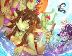 Rule 34 | 1boy, 6+girls, absurdres, armpits, bikini, blonde hair, blue eyes, breasts, brown hair, collarbone, colored skin, day, double bun, female goblin, goblin, green skin, grin, hair between eyes, hair bun, hair ornament, hands on own hips, highres, honey goblin, indie virtual youtuber, large breasts, large ears, looking at viewer, multiple girls, muscular, muscular male, navel, nisego, open mouth, orange hair, outdoors, pointy ears, ponytail, purple hair, red hair, rocket launcher, sharp teeth, shorts, skull hair ornament, smile, sunglasses, swimsuit, tail, teeth, throwing person, tongue, virtual youtuber, water, weapon