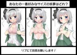 Rule 34 | 1girl, black hairband, blue bow, blue bowtie, blue eyes, blush, bow, bowtie, bra, breasts, bust chart, cleavage, closed mouth, collared shirt, covering privates, covering breasts, flat chest, green skirt, green vest, grey hair, hairband, highres, konpaku youmu, large breasts, looking at viewer, open clothes, open mouth, open shirt, pink bra, shirt, short hair, short sleeves, skirt, touhou, translation request, underwear, vest, white shirt, youmu-kun