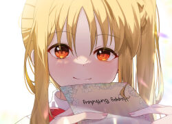 Rule 34 | 1girl, absurdres, blonde hair, blush, bocchi the rock!, bureoeve, closed mouth, fingernails, happy birthday, highres, holding, holding letter, ijichi nijika, letter, long hair, looking at viewer, portrait, red eyes, shirt, side ponytail, smile, solo, white background, white shirt